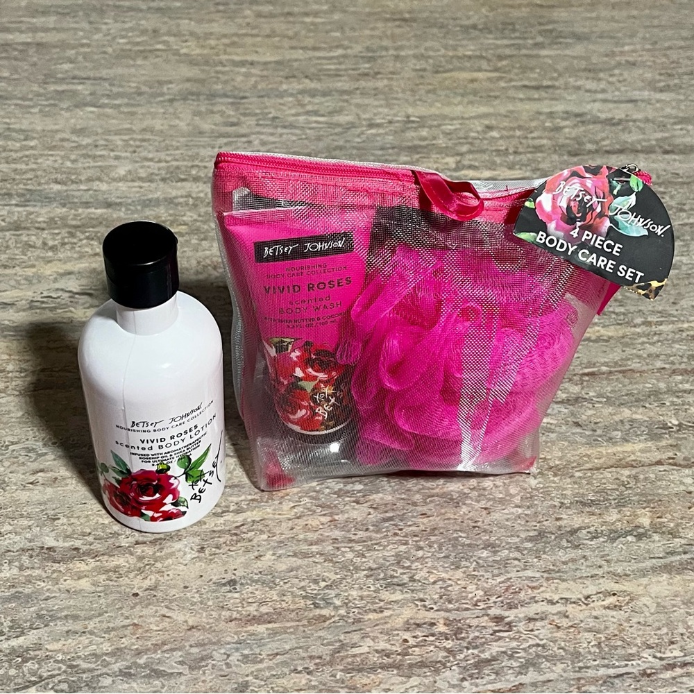 Betsey Johnson Vivid Roses Body Wash & Lotion Set with Gloves, Puff & mesh bag